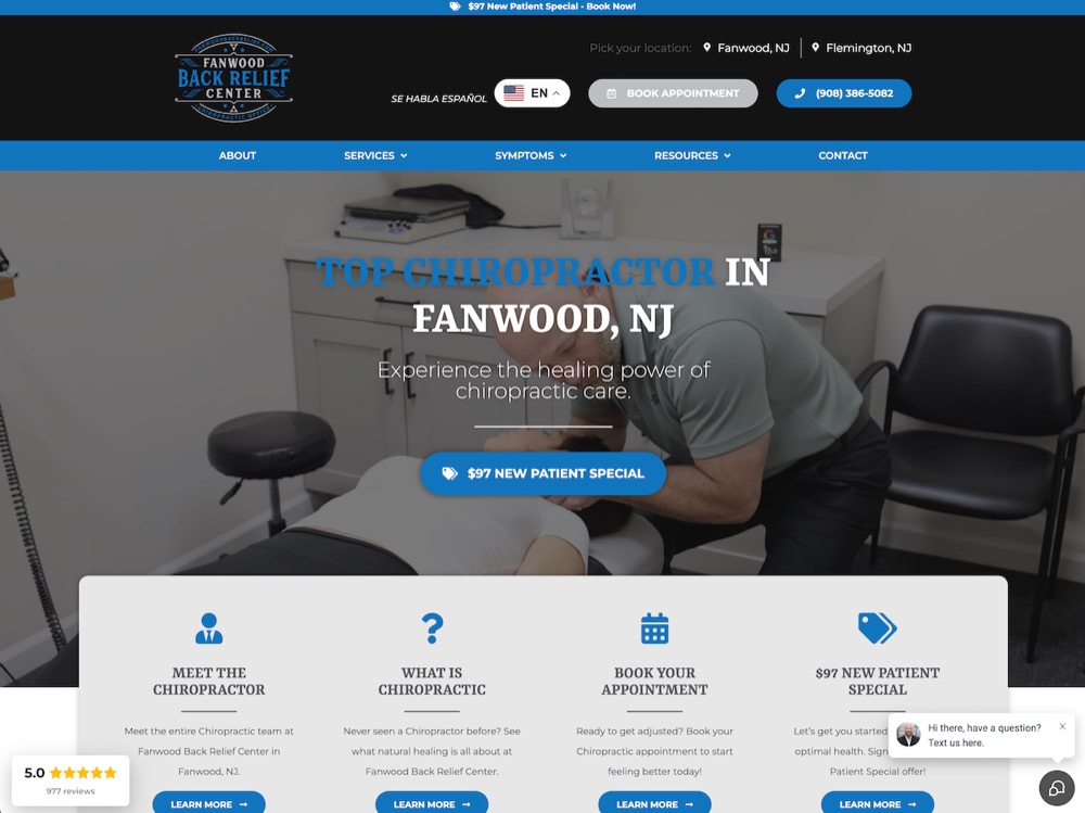 Fanwood Back Relief chiropractic website screenshot