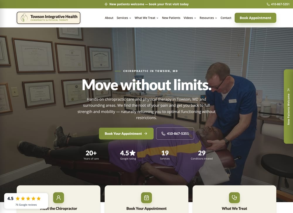 Towson Integrative Health chiropractic website screenshot